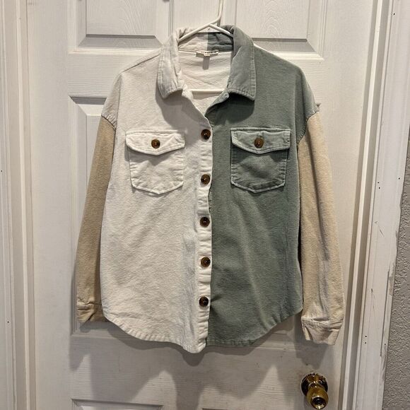 Illa Illa Womens Oversized Corduroy Long Sleeve White Beige Khaki‎ Shacket Small - Picture 1 of 7